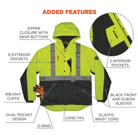 Ergodyne Workwear Jacket, Class 2, Type R, Lime, Size 3XL 8275
